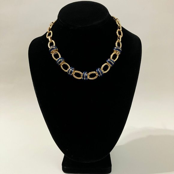 Nautical Choker Necklace Link Chain Enamel Knot Gold Tone Metal Lighthouse Tag - Picture 3 of 10